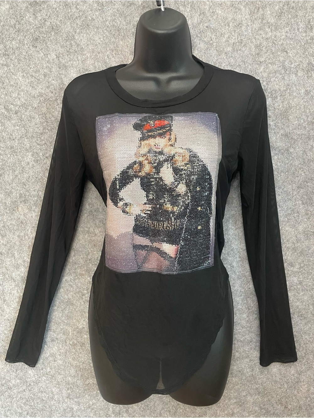Black Sheer Mesh Sequin Graphic Long Sleeve Size L Top Y2K Emo Scene Clubwear
